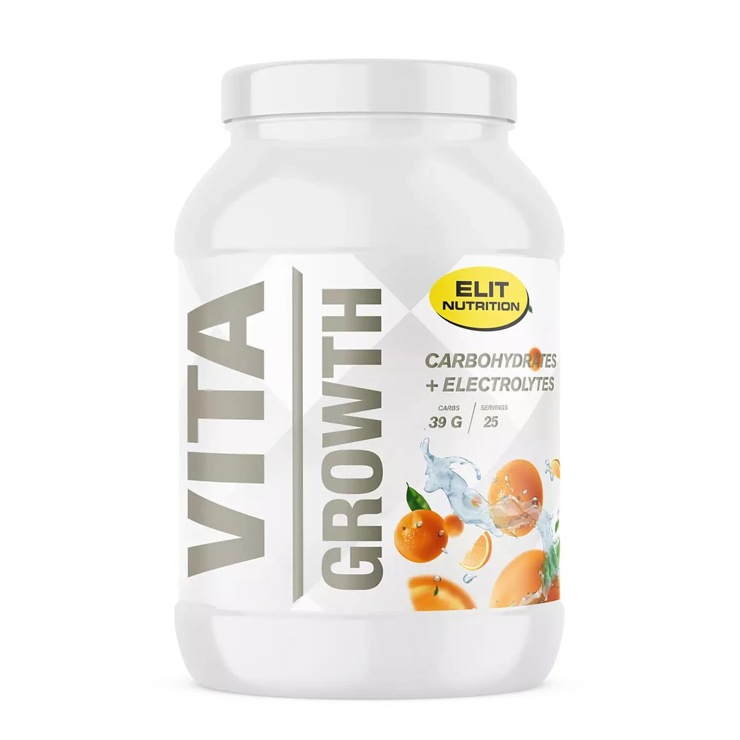 Elit Nutrition Vita Growth 1 kg kolhydrater i en vit burk med grafiska apelsiner och vattenstänk.