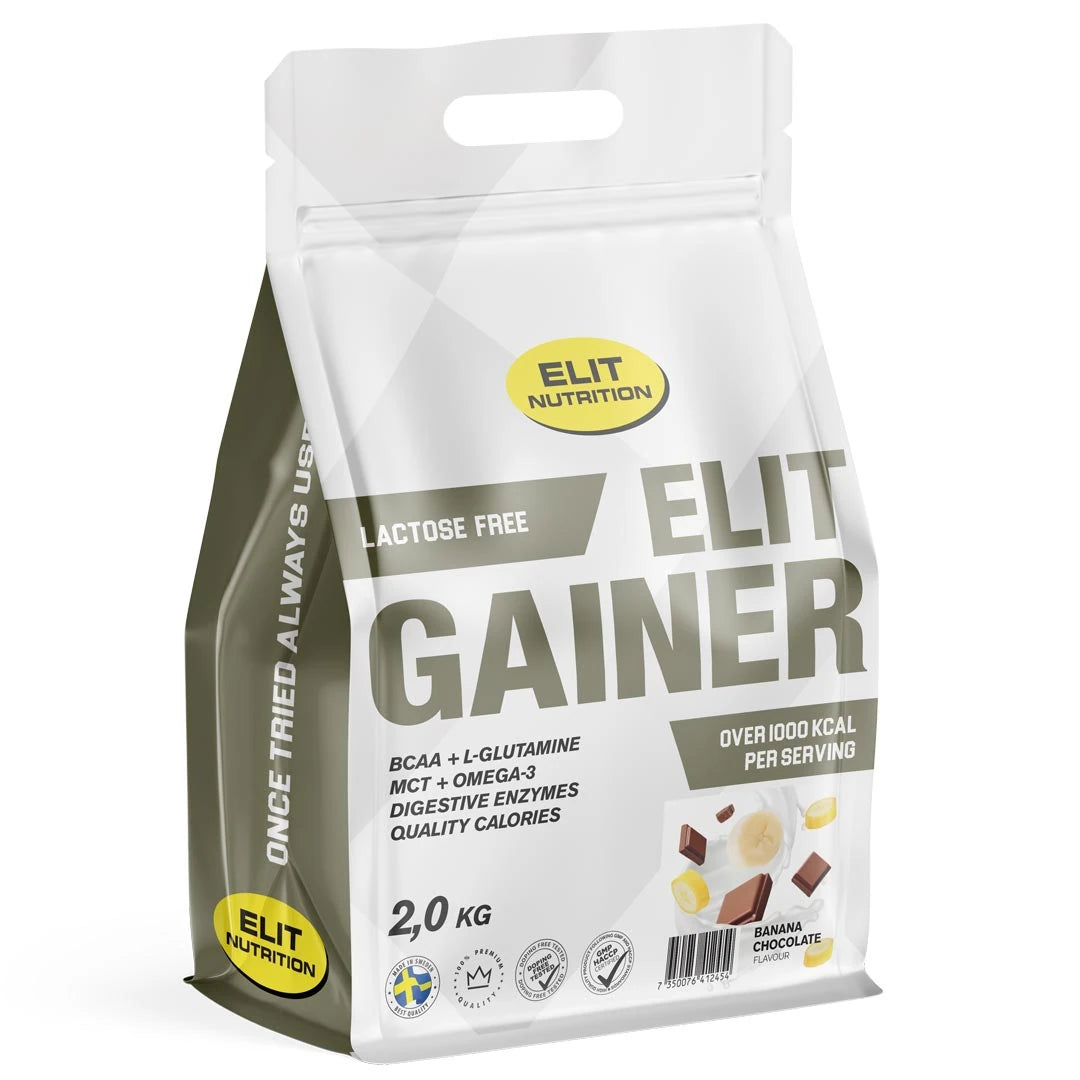 Elit Nutrition Gainer Lactose Free 2 kg laktosfritt gainerpulver, förpackad i en vit påse med grå och gula detaljer samt smak av Banana Chocolate.