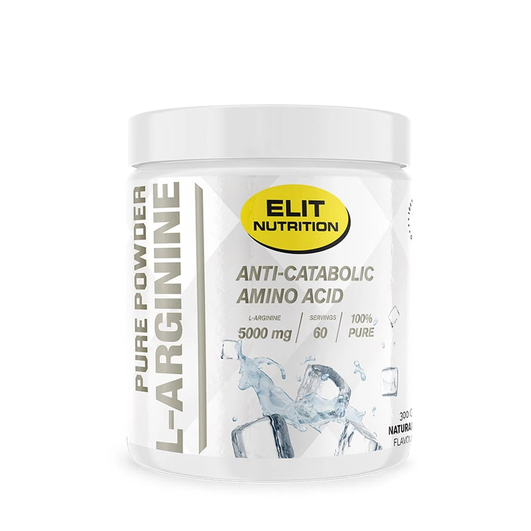 Elit Nutrition 100% L-arginine 300 g i en vit burk med gula och grå detaljer.