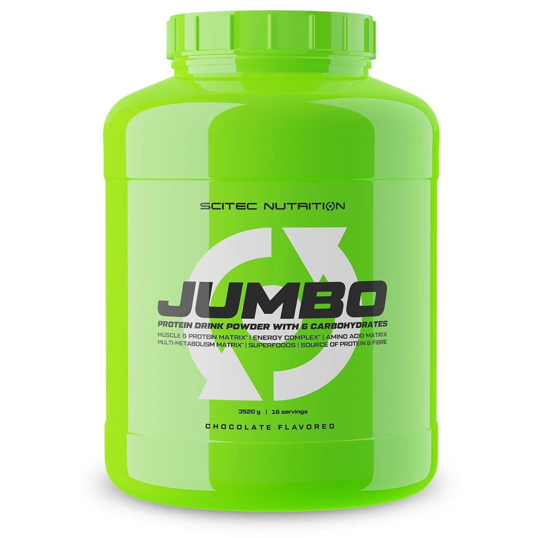 Scitec Nutrition Jumbo 3.52 kg gainer i en stor neongrön burk, chokladsmak.