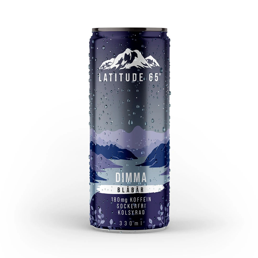 Latitude 65 330 ml kolsyrad dryck i en mörkblå burk med fjällmotiv för smaken Blåbär., bild 3 av 20