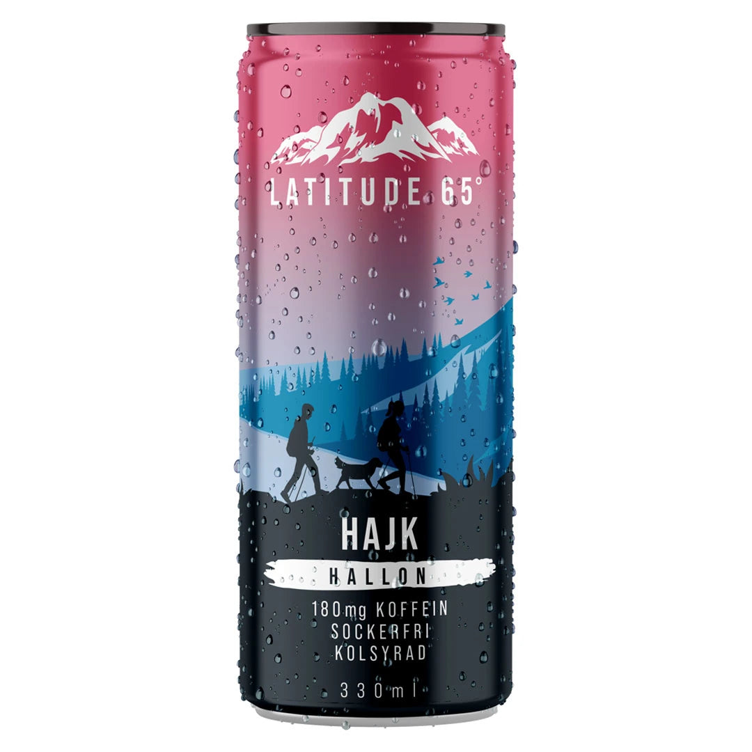 Latitude 65 330 ml kolsyrad dryck i en rosa och blå burk med naturmotiv för smaken Hajk Hallon., bild 20 av 20