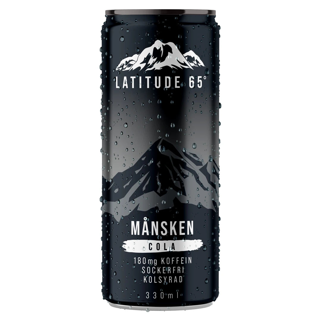Latitude 65 330 ml i en svart burk med grå fjällmotiv och vattendroppar för smaken Månsken Cola., bild 4 av 20