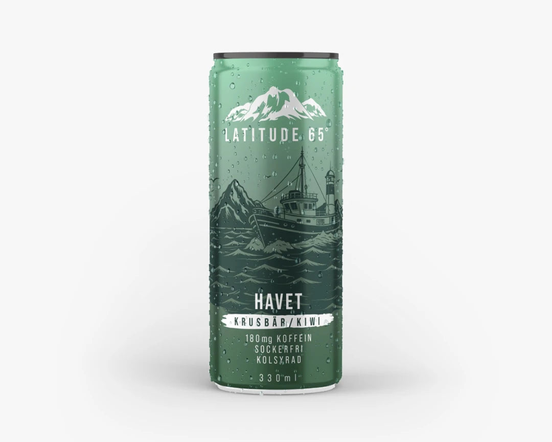Latitude 65 330 ml kolsyrad dryck i en grön burk med havsmotiv för smaken Krusbär Kiwi., bild 5 av 20