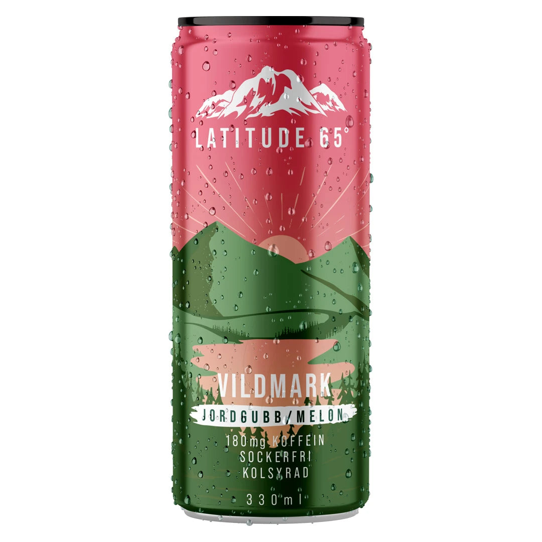 Latitude 65 330 ml kolsyrad dryck i en rosa och grön burk med vattendroppar för smaken Jordgubb Melon., bild 8 av 20