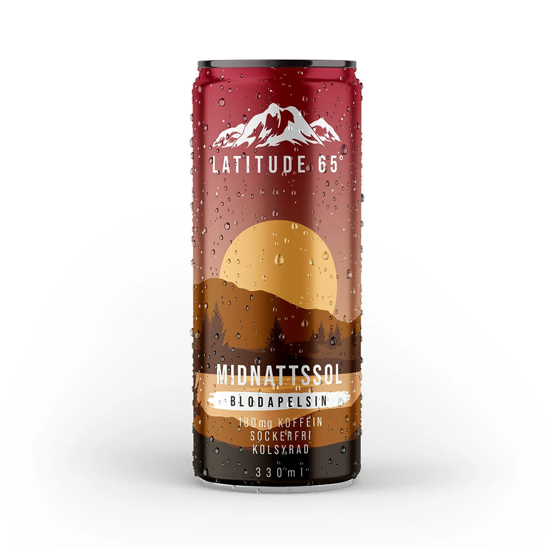 Latitude 65 330 ml kolsyrad dryck i en mörkröd burk med naturmotiv för smaken Midnattssol Blodapelsin., bild 1 av 20