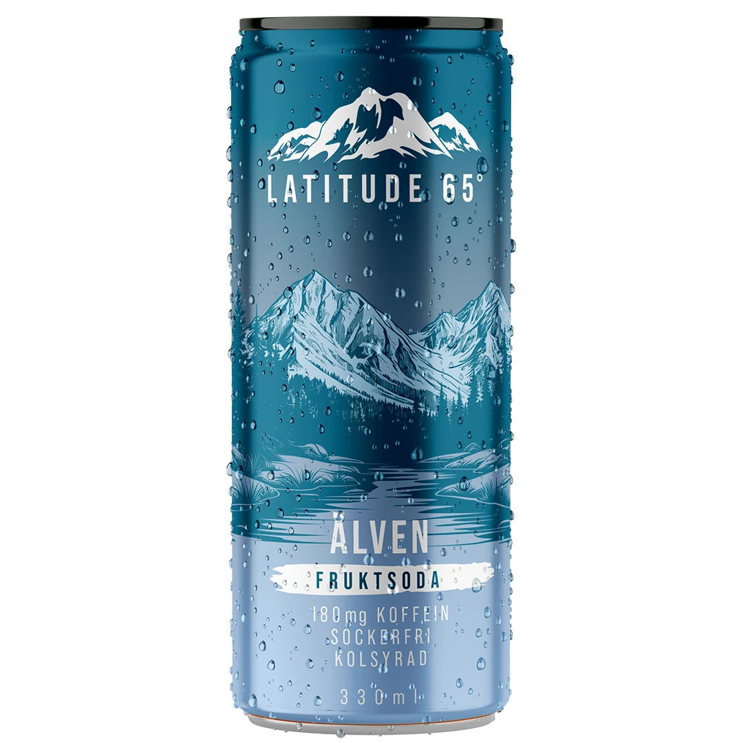 Latitude 65 330 ml kolsyrad dryck i en blå burk med fjällmotiv för smaken Fruktsoda., bild 10 av 20