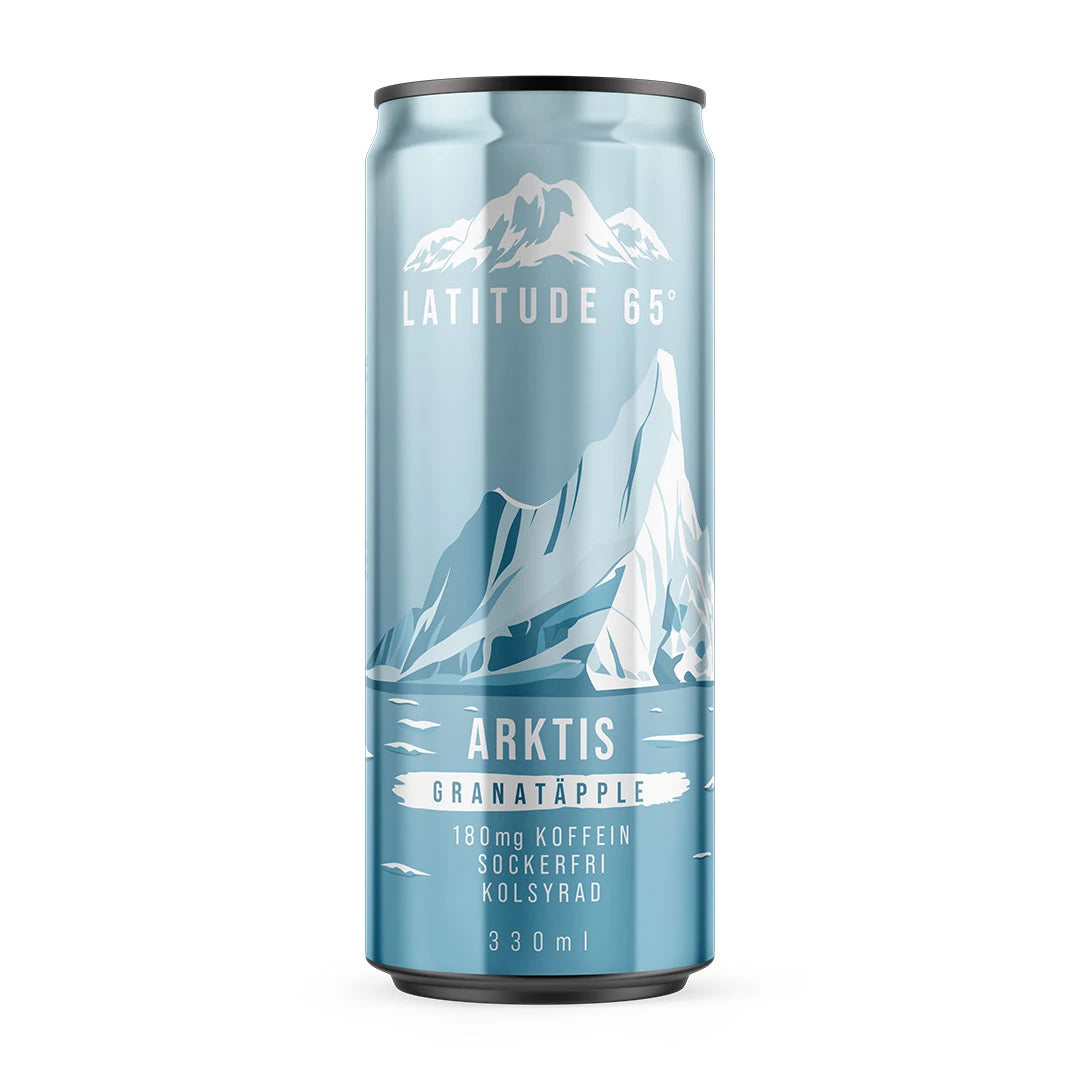 Latitude 65 330 ml kolsyrad dryck i en ljusblå burk med isbergsmotiv för smaken Arktis Granatäpple., bild 11 av 20