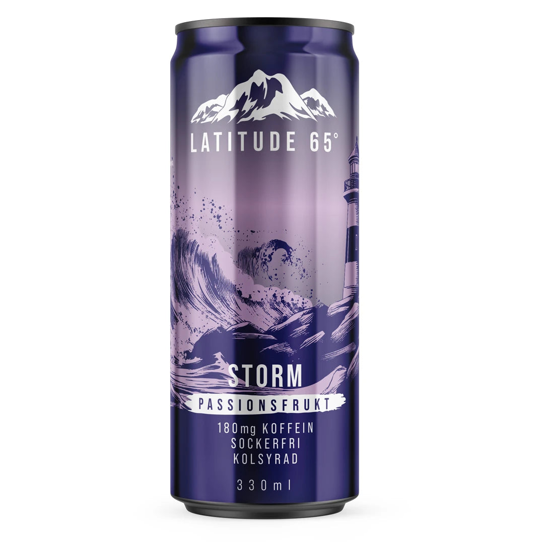 Latitude 65 330 ml kolsyrad dryck i en lila burk med fyr och vågor för smaken Storm Passionsfrukt., bild 12 av 20