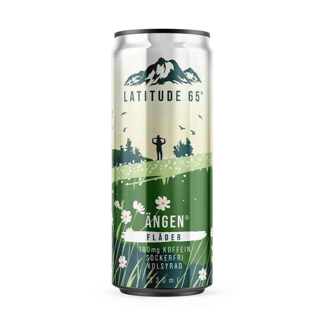 Latitude 65 330 ml kolsyrad dryck i en silverfärgad och grön burk med ängsmotiv för smaken Ängen Fläder., bild 13 av 20