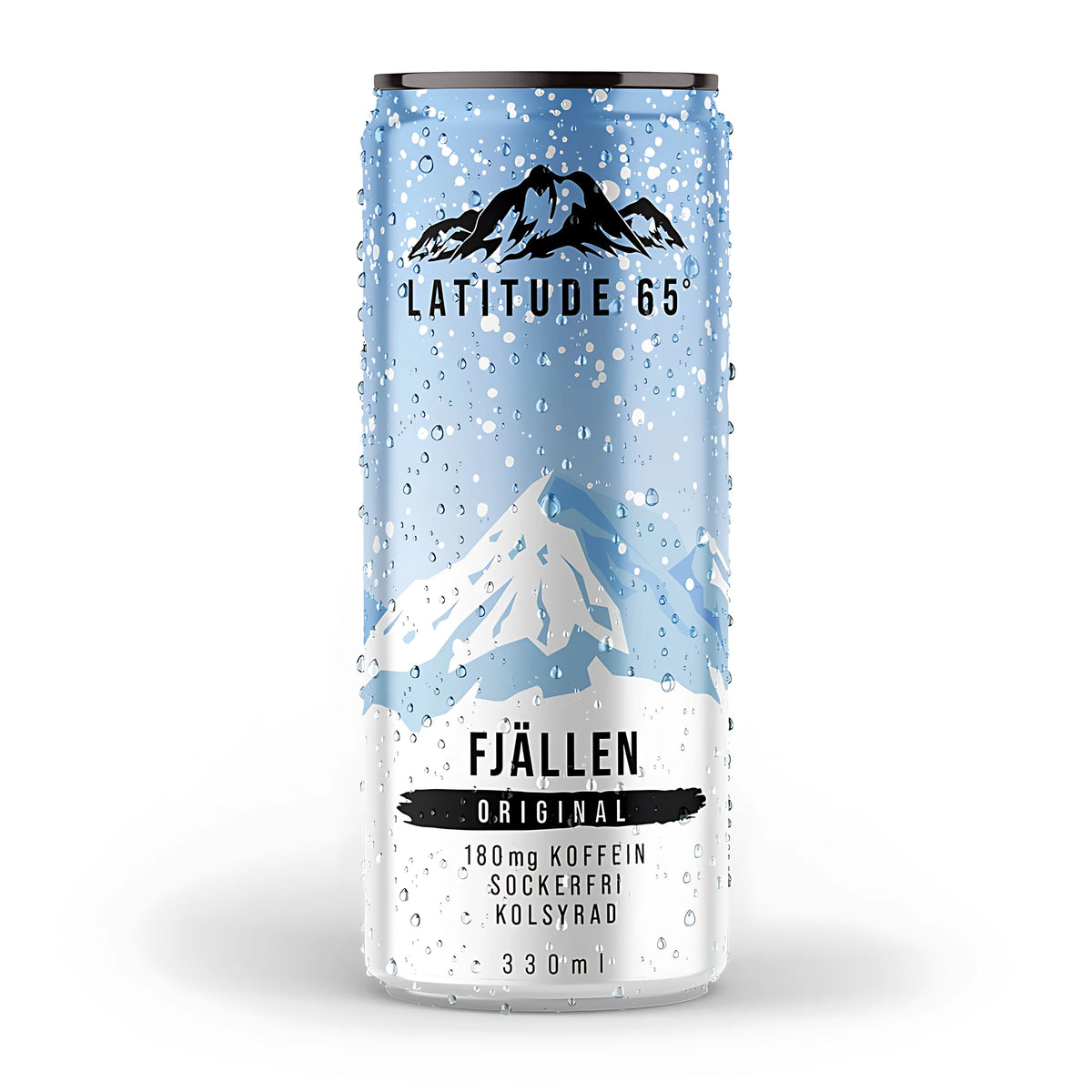 Latitude 65 330 ml kolsyrad energidryck i en ljusblå och vit burk med fjällmotiv för smaken Fjällen Original.