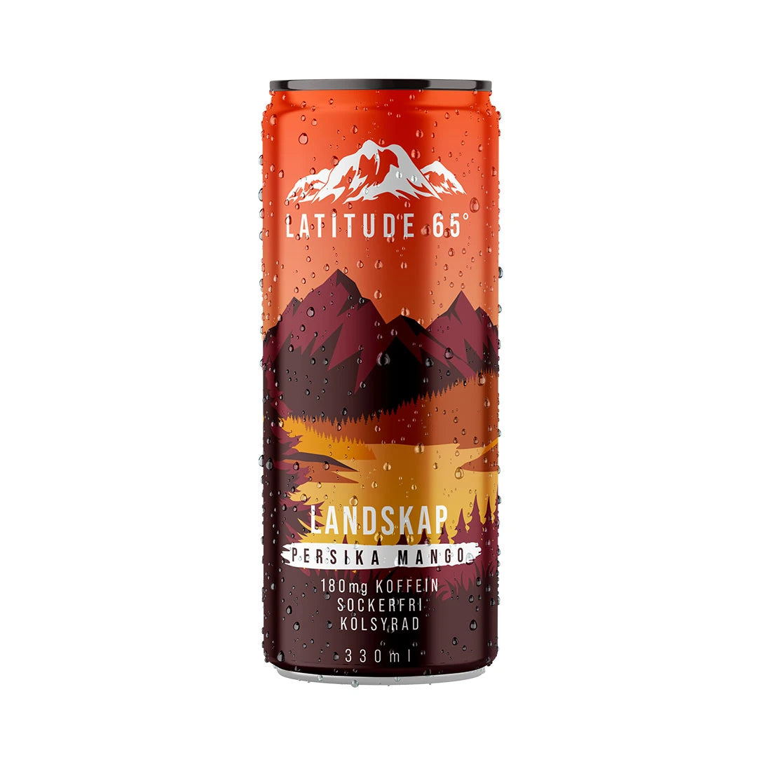 Latitude 65 330 ml kolsyrad dryck i en orange burk med landskapsmotiv och vattendroppar i smaken Persika Mango., bild 15 av 20