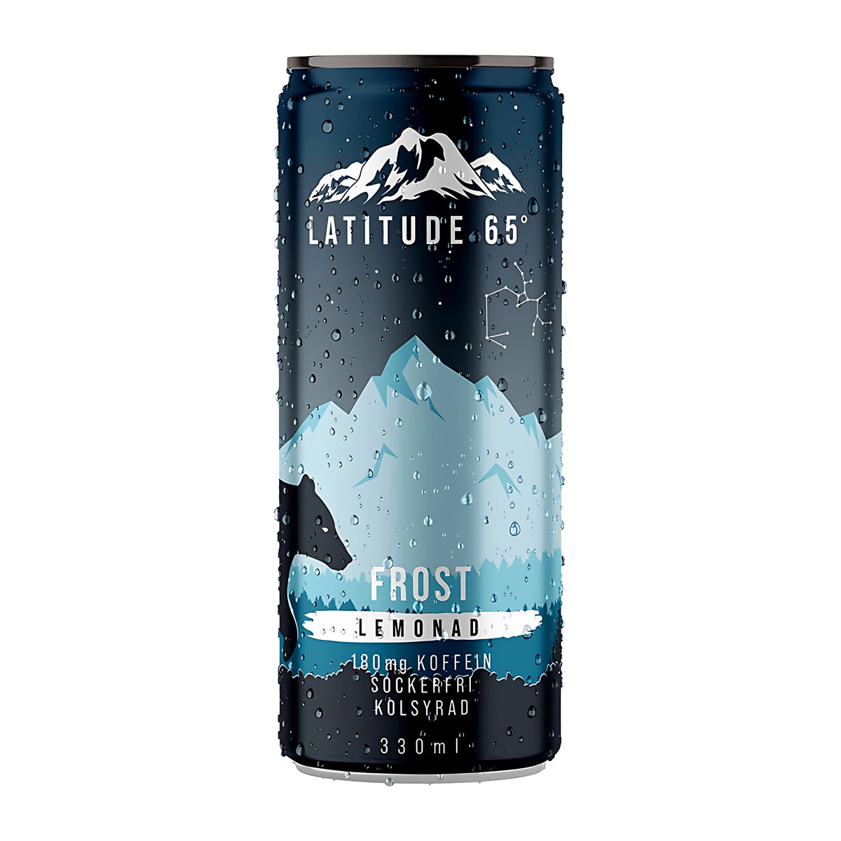 Latitude 65 330 ml kolsyrad energidryck i en mörkblå burk med motiv av snötäckta berg för smaken Frost Lemonad.