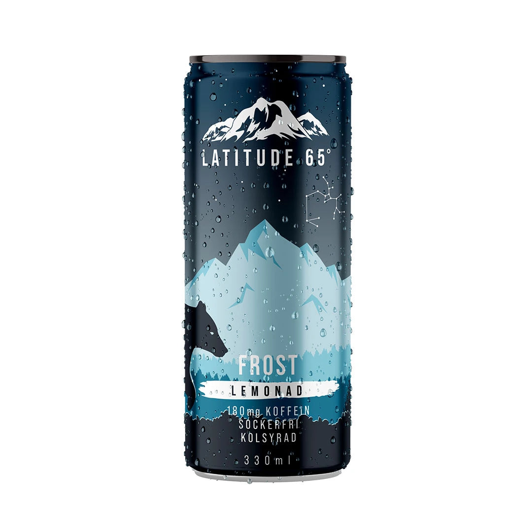 Latitude 65 330 ml kolsyrad dryck i en mörkblå burk med vattendroppar och fjällmotiv för smaken Lemonad., bild 16 av 20