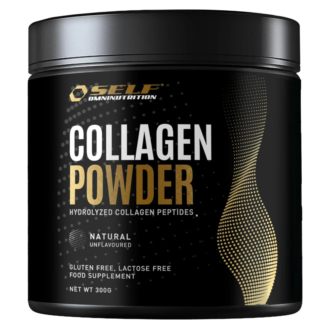 Self Omninutrition Collagen Powder 300 g hydrolyserat kollagenpulver i svart burk med guld- och vit text.