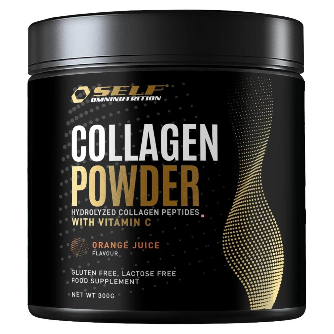 Self Omninutrition Collagen Powder + Vit C 300 g förpackad i en svart burk med guldiga detaljer och apelsinsmak.