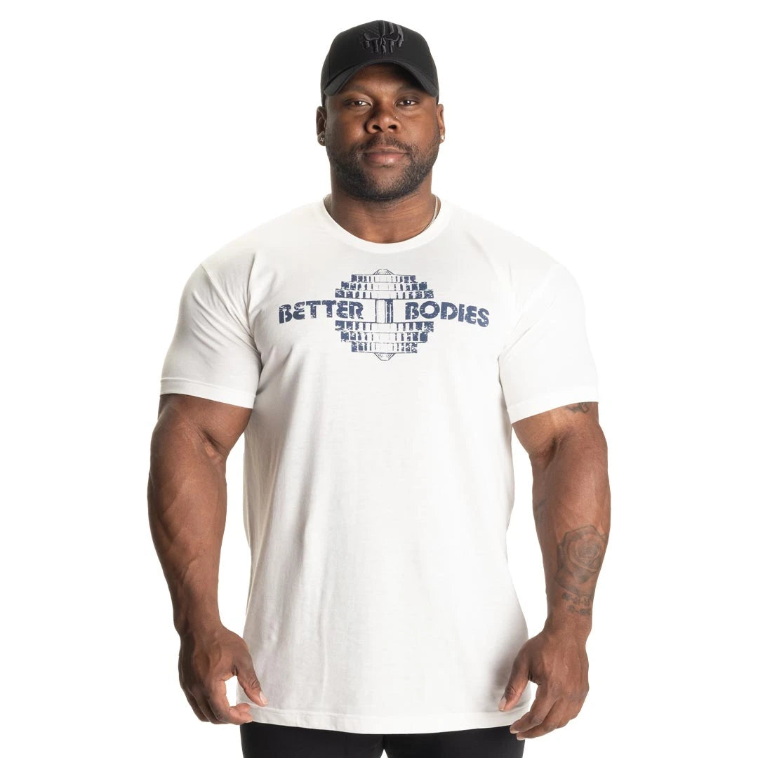 Vit Better Bodies Recruit Tee White i bomullsblandning med mörkblå logotyp, en klassisk tränings-t-shirt för gymmet., bild 2 av 8