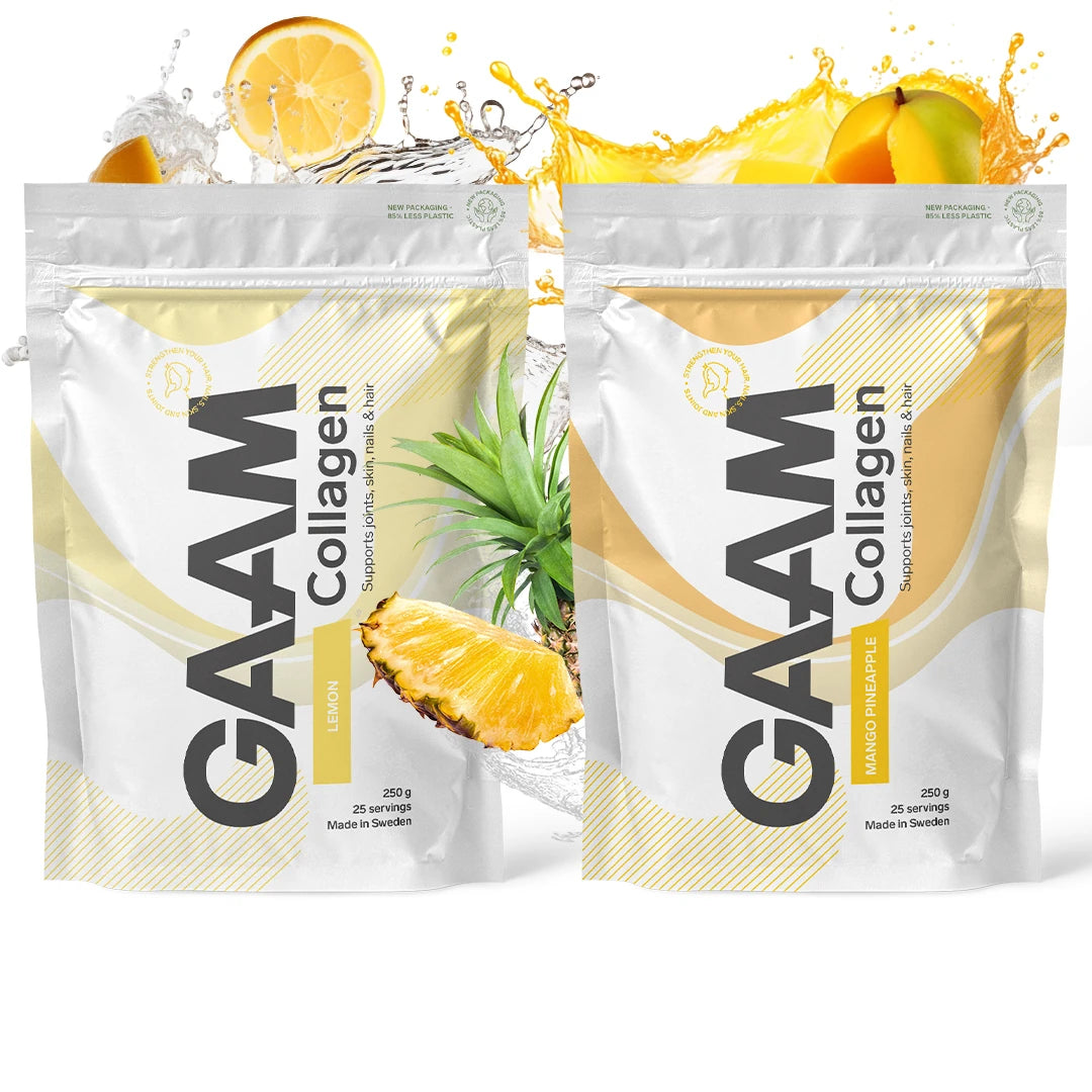 2 x GAAM Collagen 250 g i vita påsar med gula detaljer och fruktiga smaker som Lemon och Mango Pineapple.