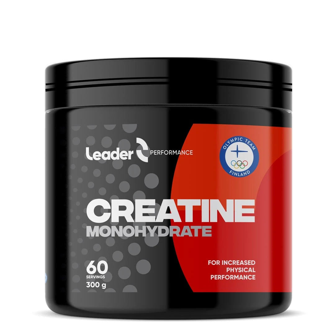 Leader Performance Creatine monohydrate 300 g i en svart burk med röd och svart etikett.