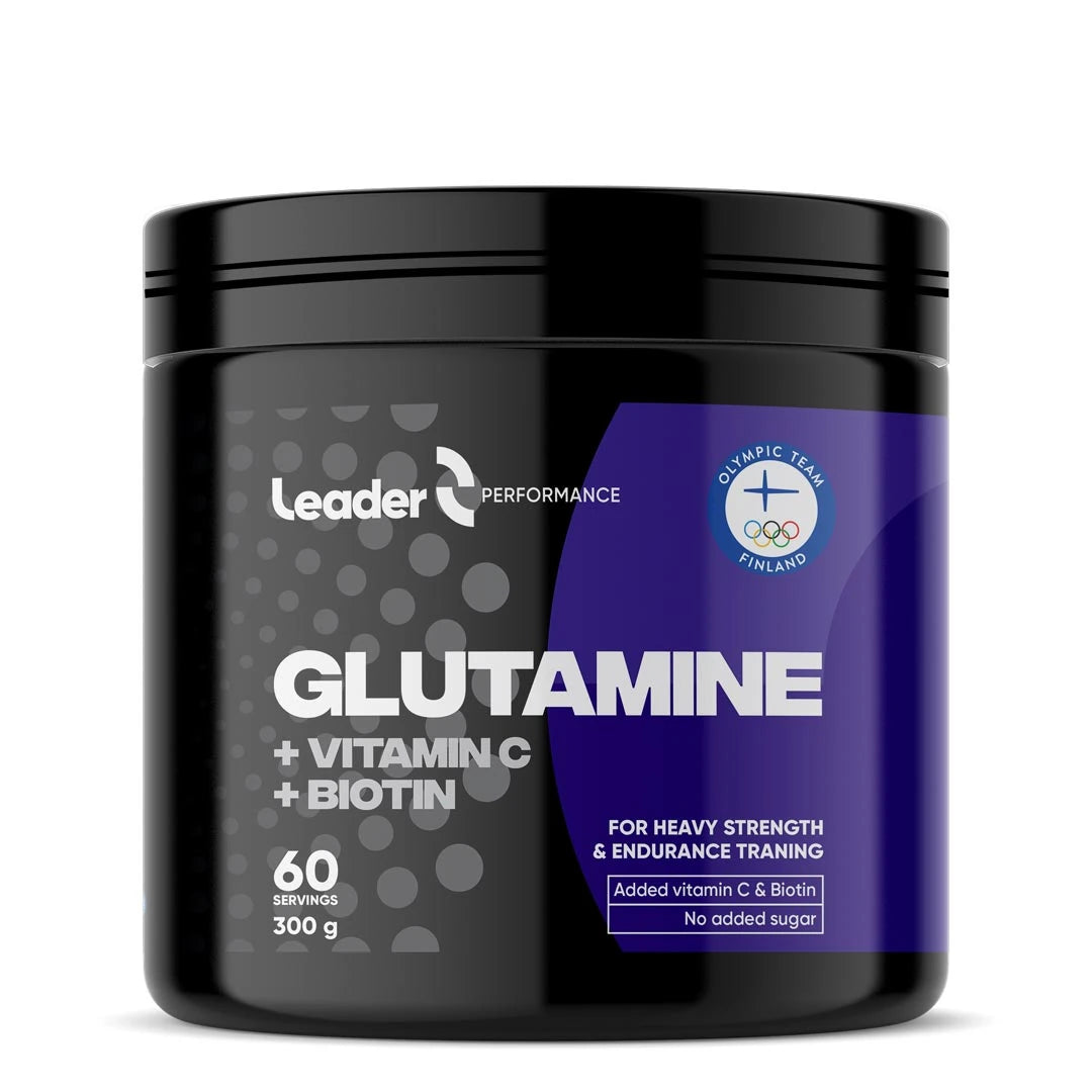 Leader Performance Glutamin + C + Biotin 300 g aminosyra i pulverform i en svart burk med lila detaljer.