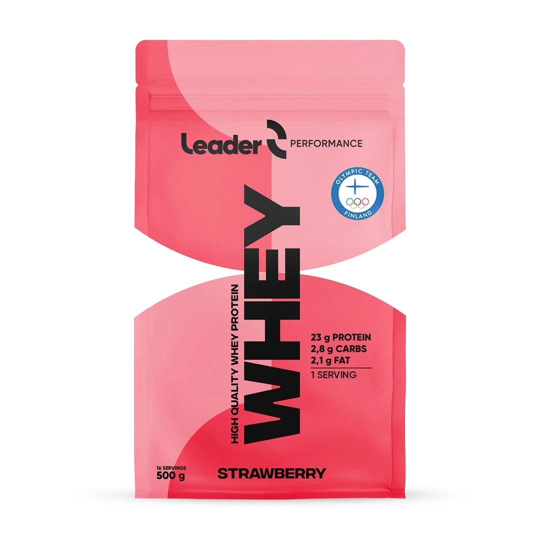 Leader Performance Whey Protein 500 g proteinpulver i en rosa påse med svarta detaljer.