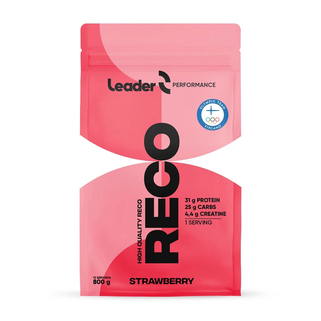 Leader Performance Reco 800 g gainer i pulverform förpackad i en rosa påse med smak av Strawberry.