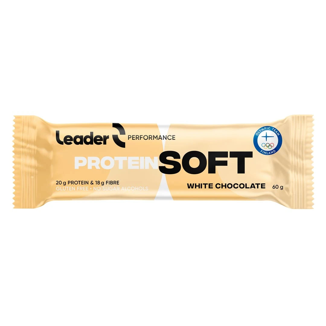 Leader Performance SoftBar 60 g proteinbar i en ljusgul förpackning för smaken White Chocolate.
