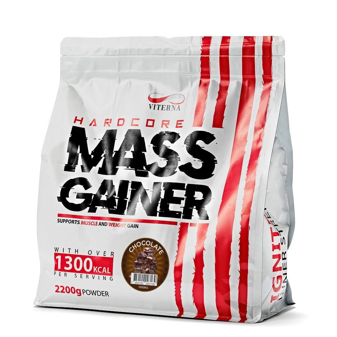 Viterna Hardcore Mass Gainer 2.2 kg i en vit påse med röda detaljer för smaken Choklad.