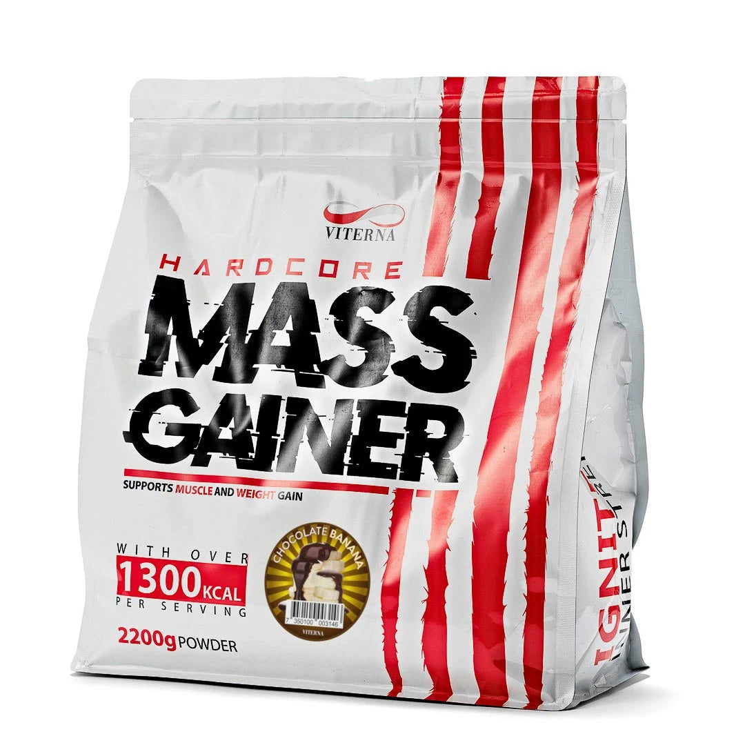 Viterna Hardcore Mass Gainer 2.2 kg gainerpulver i en vit påse med röda ränder för smaken Choklad Banan.