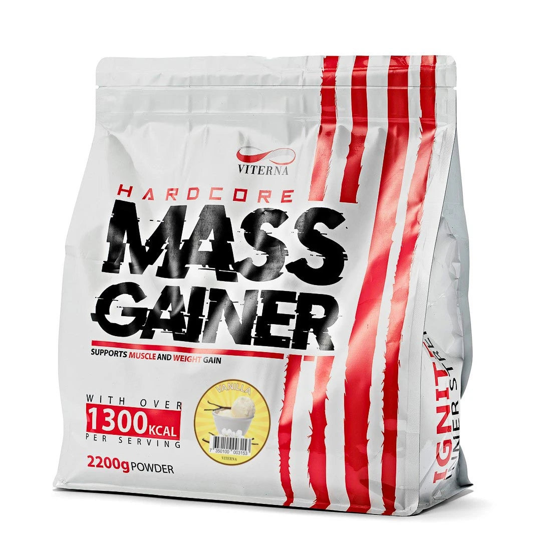 Viterna Hardcore Mass Gainer 2.2 kg i en vit påse med röda ränder och smaken Vanilla., bild 3 av 4