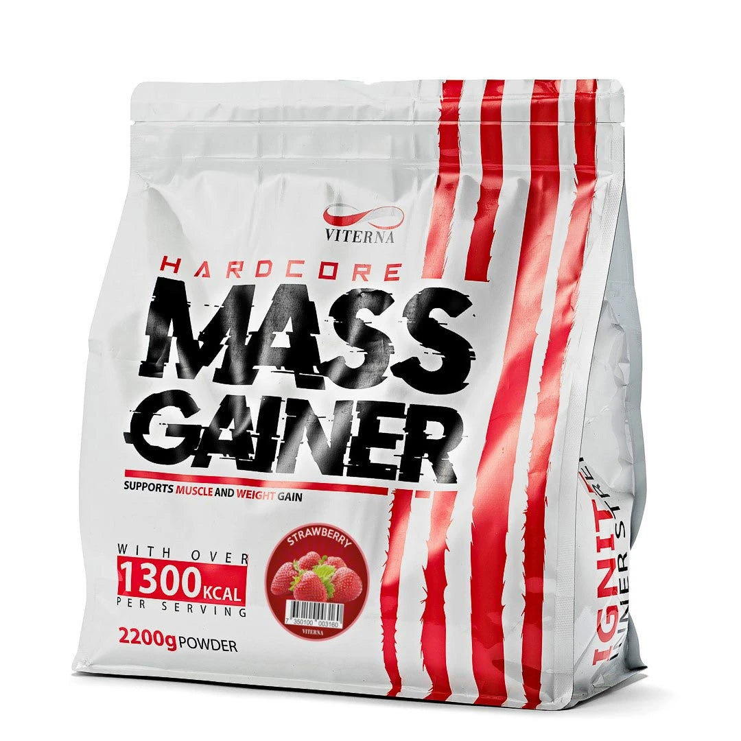 Viterna Hardcore Mass Gainer 2.2 kg i en vit påse med röda detaljer för smaken Strawberry.