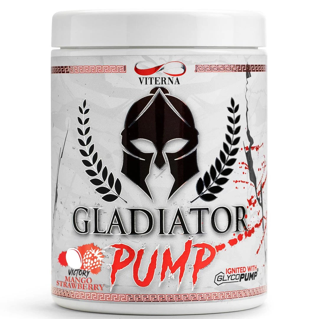 Viterna Gladiator Pump 440 g i en vit burk med svart gladiatorhjälm och röda detaljer, smak Strawberry Mango.