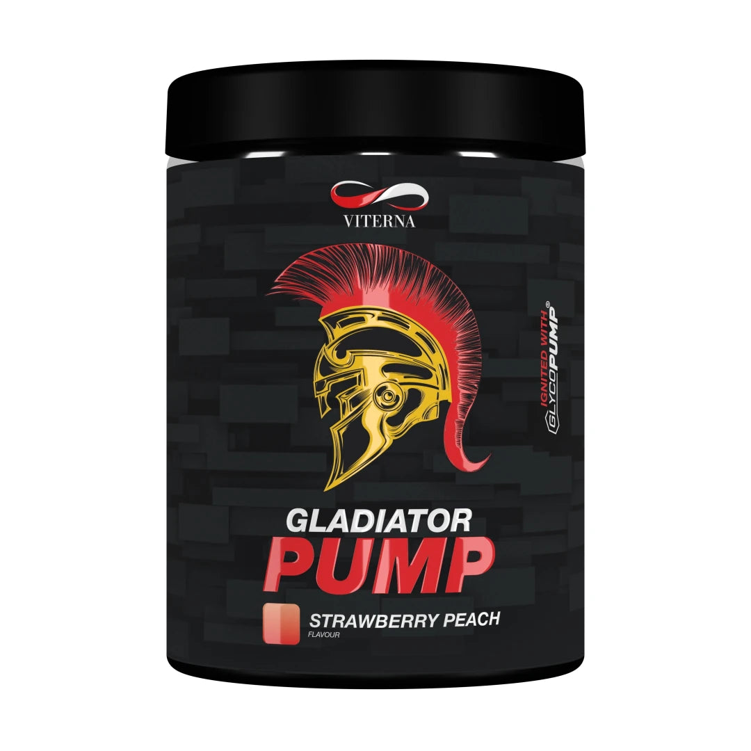 Viterna Gladiator Pump 440 g koffeinfri pre-workout i en svart burk med guld- och röda detaljer för smaken Strawberry Peach.