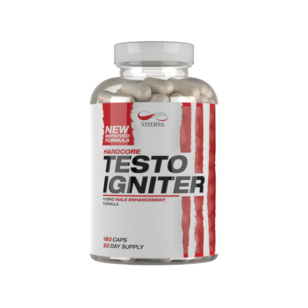 Viterna Hardcore Testo Igniter 180 caps i en transparent burk med vit och röd etikett.