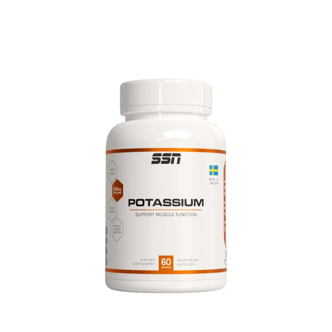 SSN Potassium 60 caps i en vit burk med orange detaljer, ett kosttillskott med kalium för nerv- och muskelfunktion.