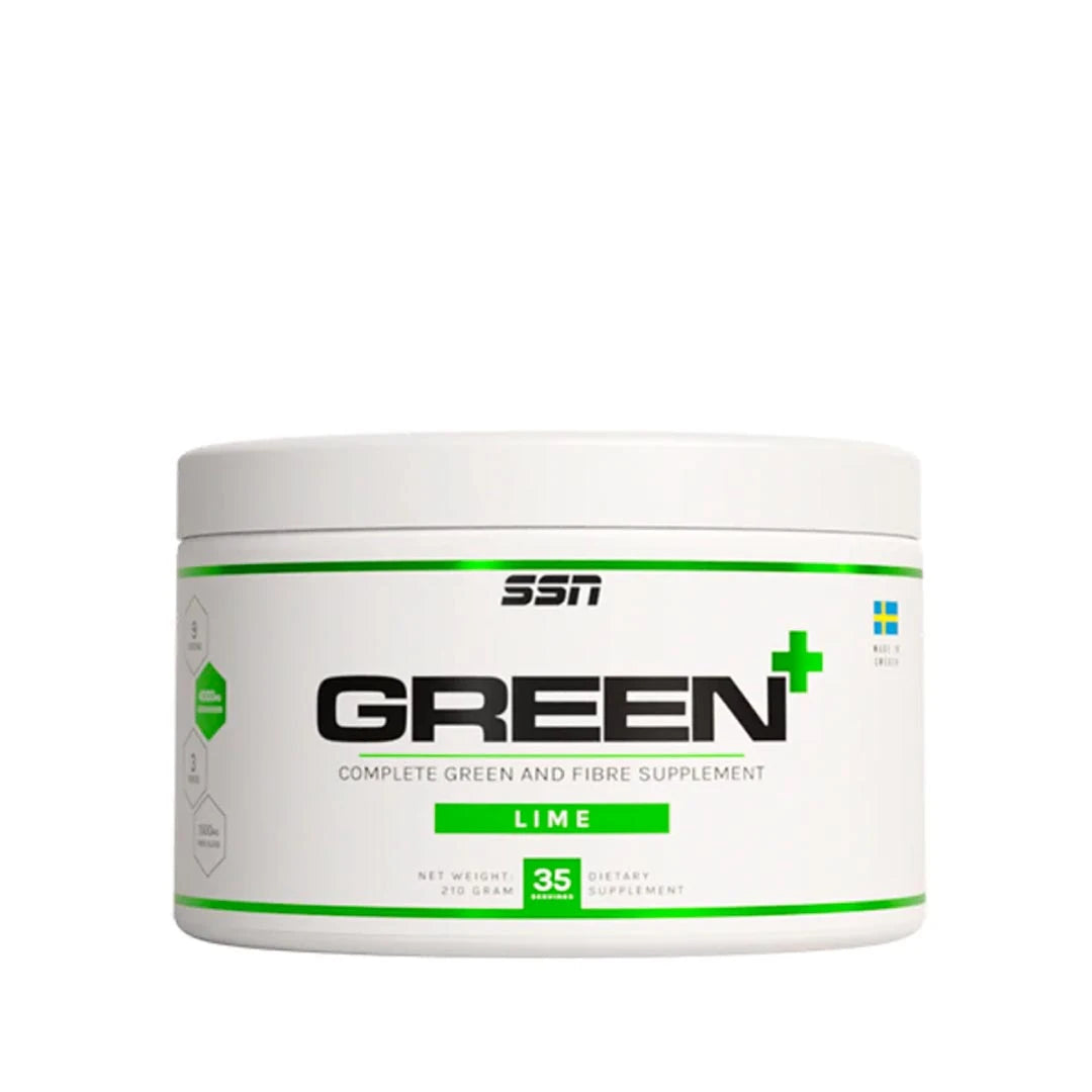 SSN Green+ 210 g grönsaksmix i en vit burk med gröna och svarta detaljer, med smak av lime.