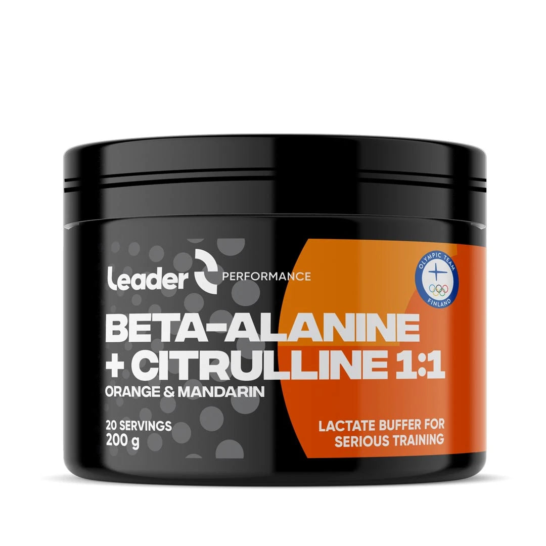 Svart burk med Leader Performance Beta-Alanine-Citrulline 200 g prestationshöjare i pulverform och orange etikett.