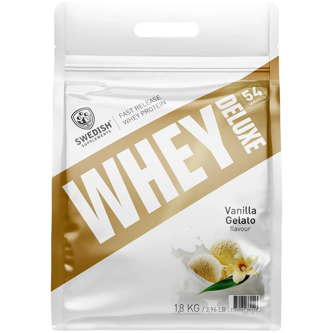 Swedish Supplements Whey Protein Deluxe 1,8 kg vassleproteinpulver i en vit påse med gulddetaljer och smaken Vanilla Gelato., bild 3 av 3