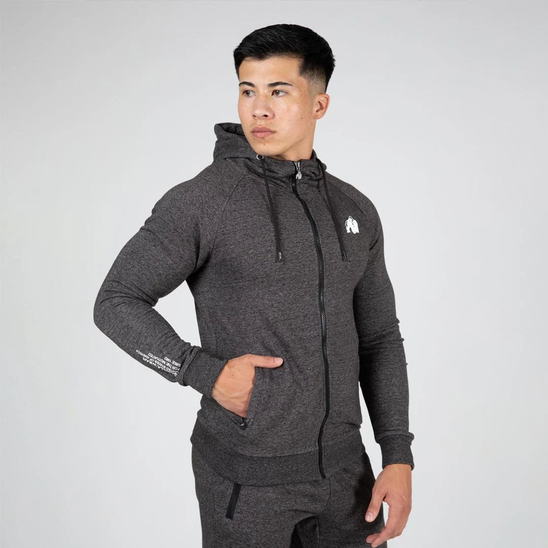 Gorilla Wear Payette Zipped Hoodie grey, en mörkgrå slim fit träningshoodie med hel dragkedja, huva och vit logga., bild 5 av 8