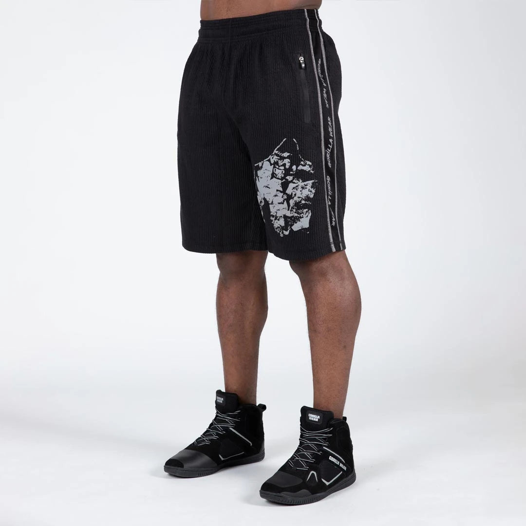 Gorilla Wear Buffalo Old School Workout Shorts black/grey, svarta ribbade träningsshorts i oversize med stor grå logga., bild 4 av 4