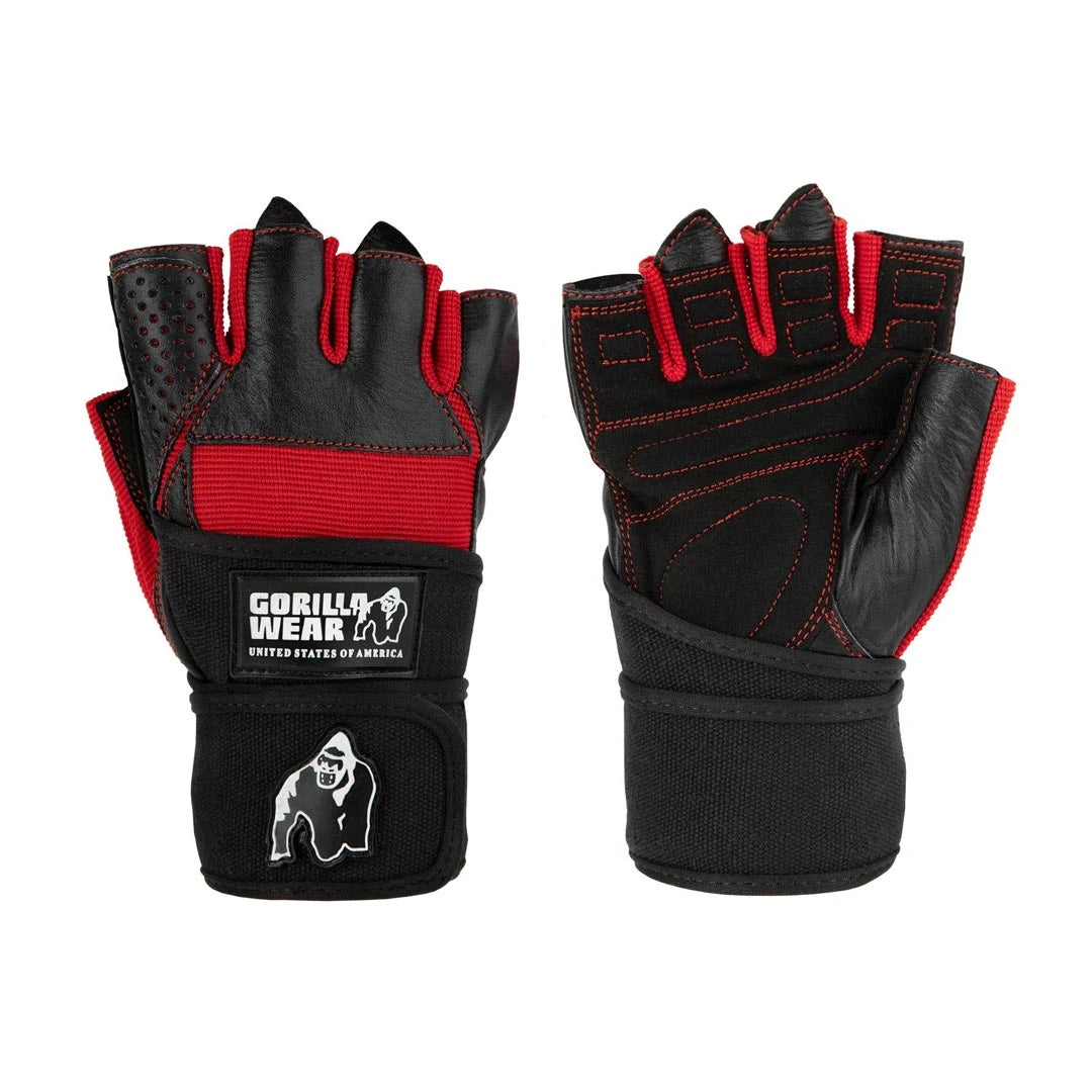 Gorilla Wear Dallas Wrist Wraps Gloves black/red är svarta träningshandskar med röda detaljer och handledslindor.