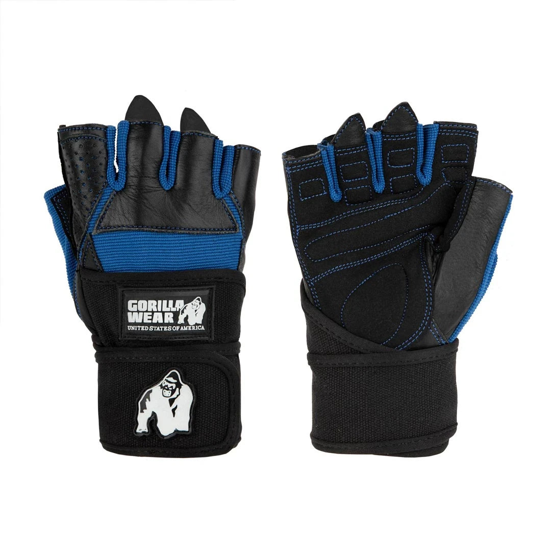 Gorilla Wear Dallas Wrist Wraps Gloves black/blue, svarta träningshandskar med blå detaljer och handledslindor.