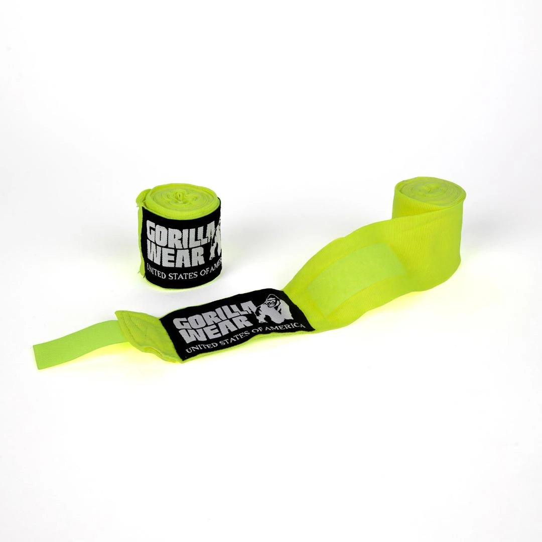 Gorilla Wear Boxing Hand Wraps yellow 2.5, gula boxningslindor i elastisk bomull med kardborreband och svarta detaljer.