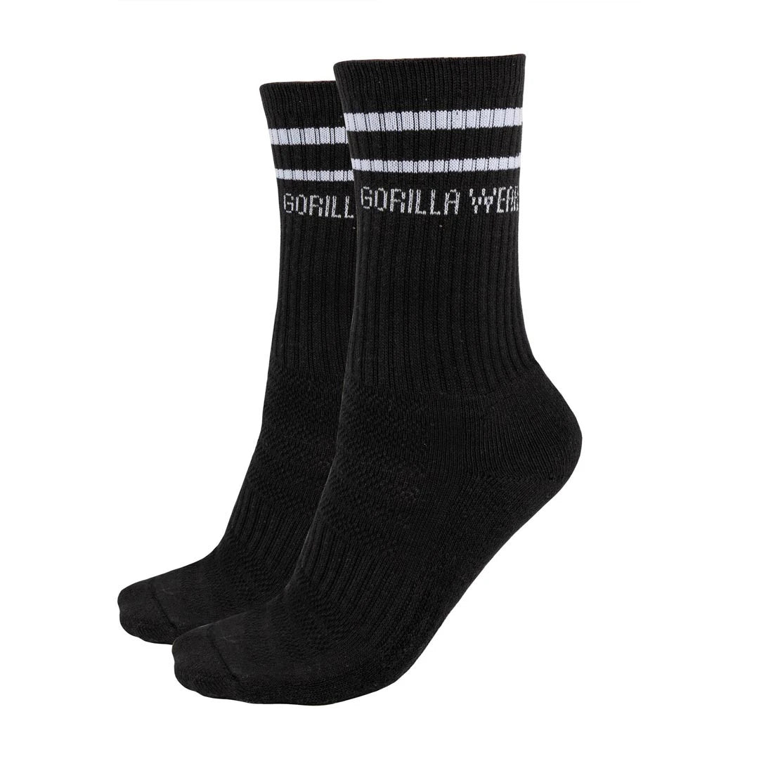 Gorilla Wear Crew Socks 2-Pack black, svarta träningsstrumpor i bomullsblandning med vita ränder och logotyp., bild 3 av 4