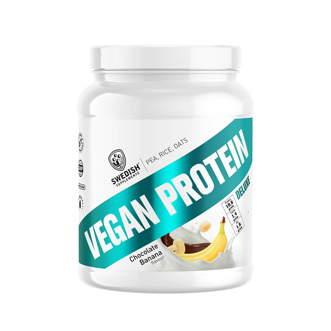 Swedish Supplements Vegan Protein Deluxe 750 g proteinpulver i en vit burk med turkosa detaljer och smaken Chocolate Banana.