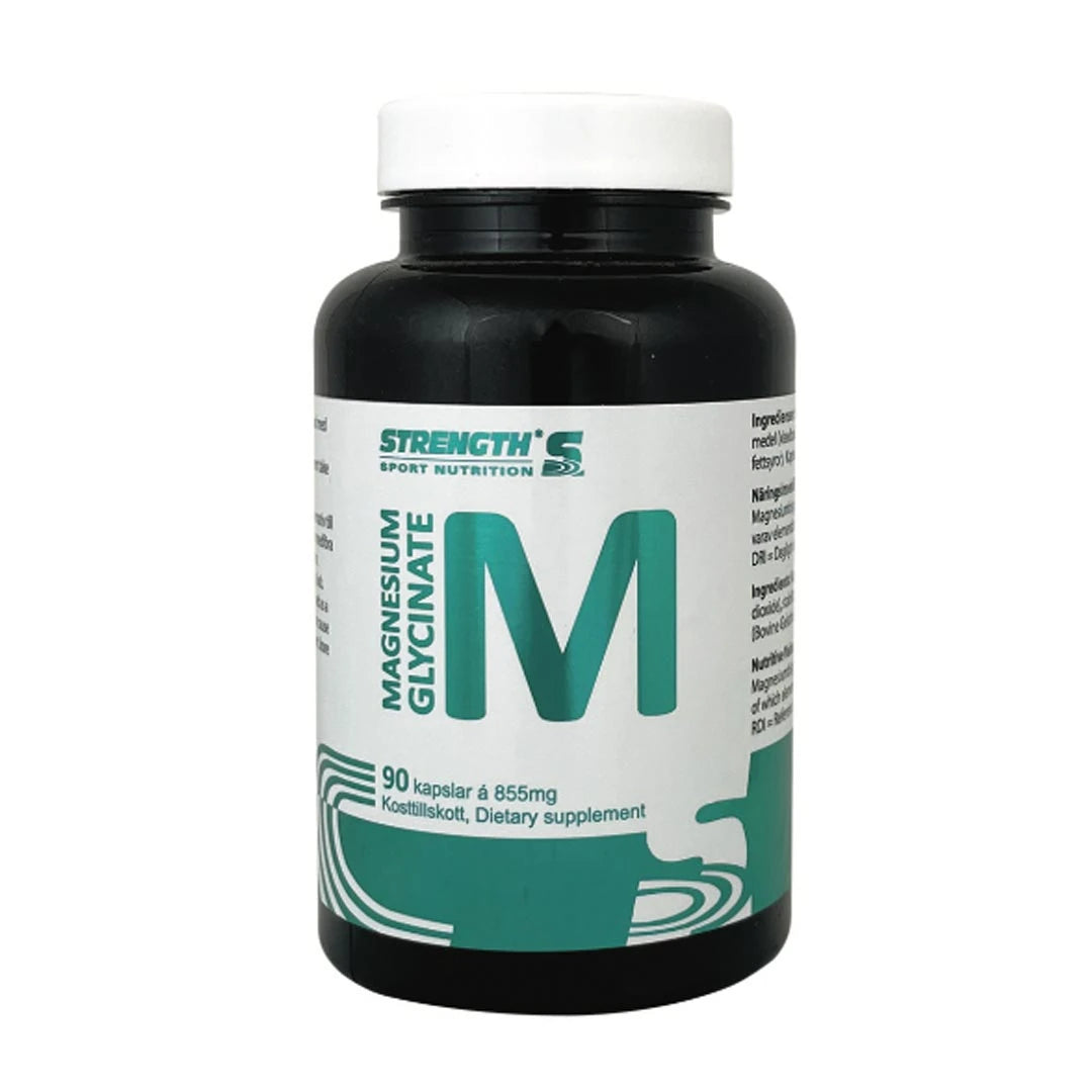 Strength Sport Nutrition Magnesium Glycinate 90 caps i en mörk plastburk med vit etikett och turkosa detaljer.
