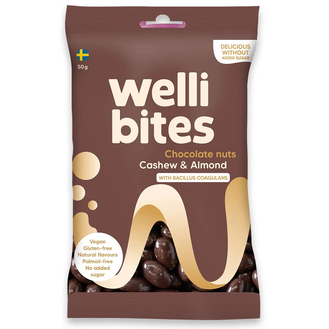 Wellibites Candy 50 g sockerfritt godis i en brun påse med text för smaken Chocolate nuts Cashew & Almond.