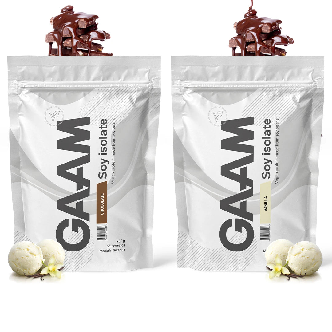 2 x GAAM Soy Isolate 750 g proteinpulver i två vita påsar för smakerna Chocolate och Vanilla.