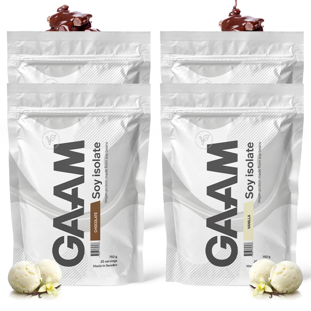 Fyra vita påsar av 4 x GAAM Soy Isolate 750 g med smaker av choklad och vanilj.