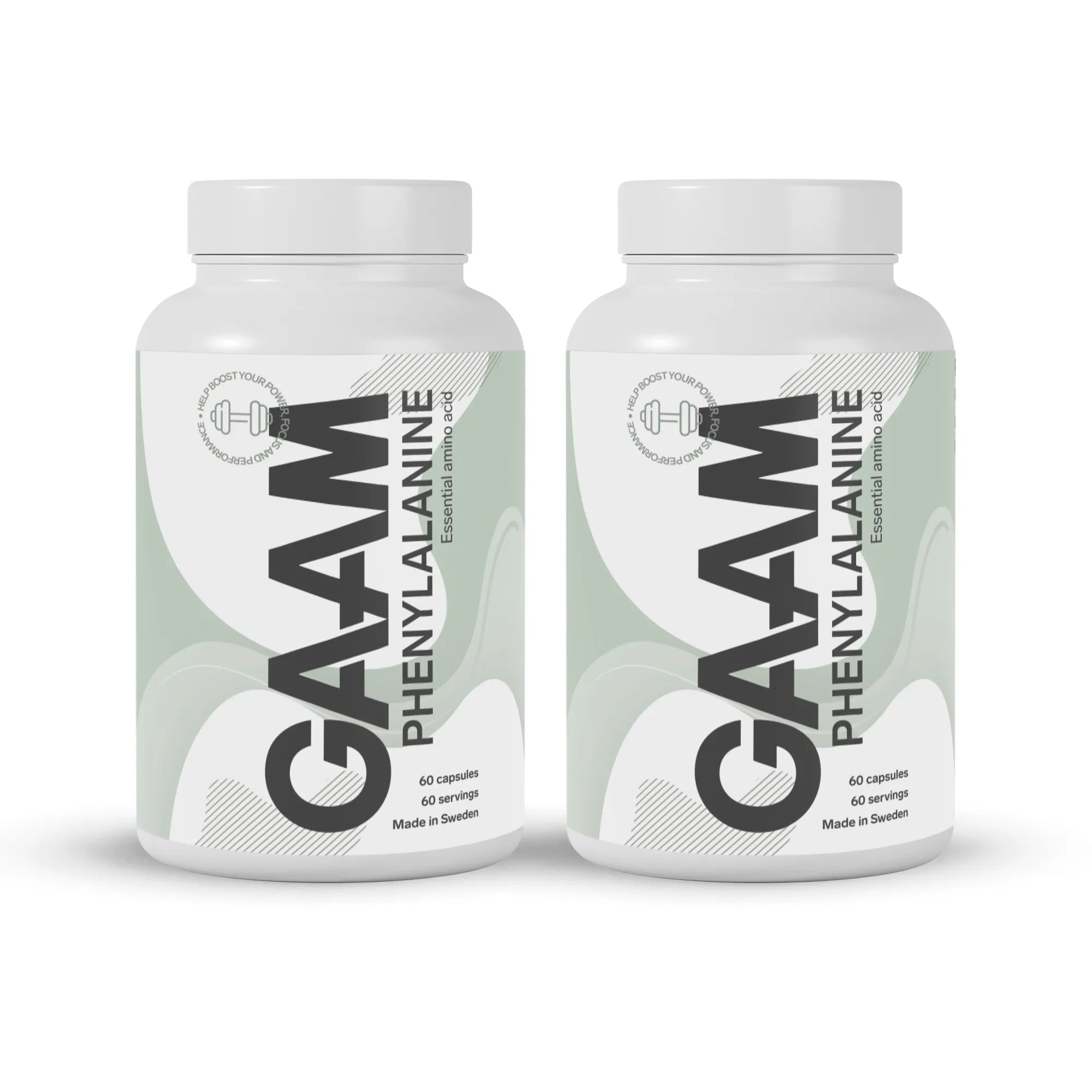 2 x GAAM Phenylalanine 60 caps kosttillskott i vita burkar med grå och gröna detaljer.